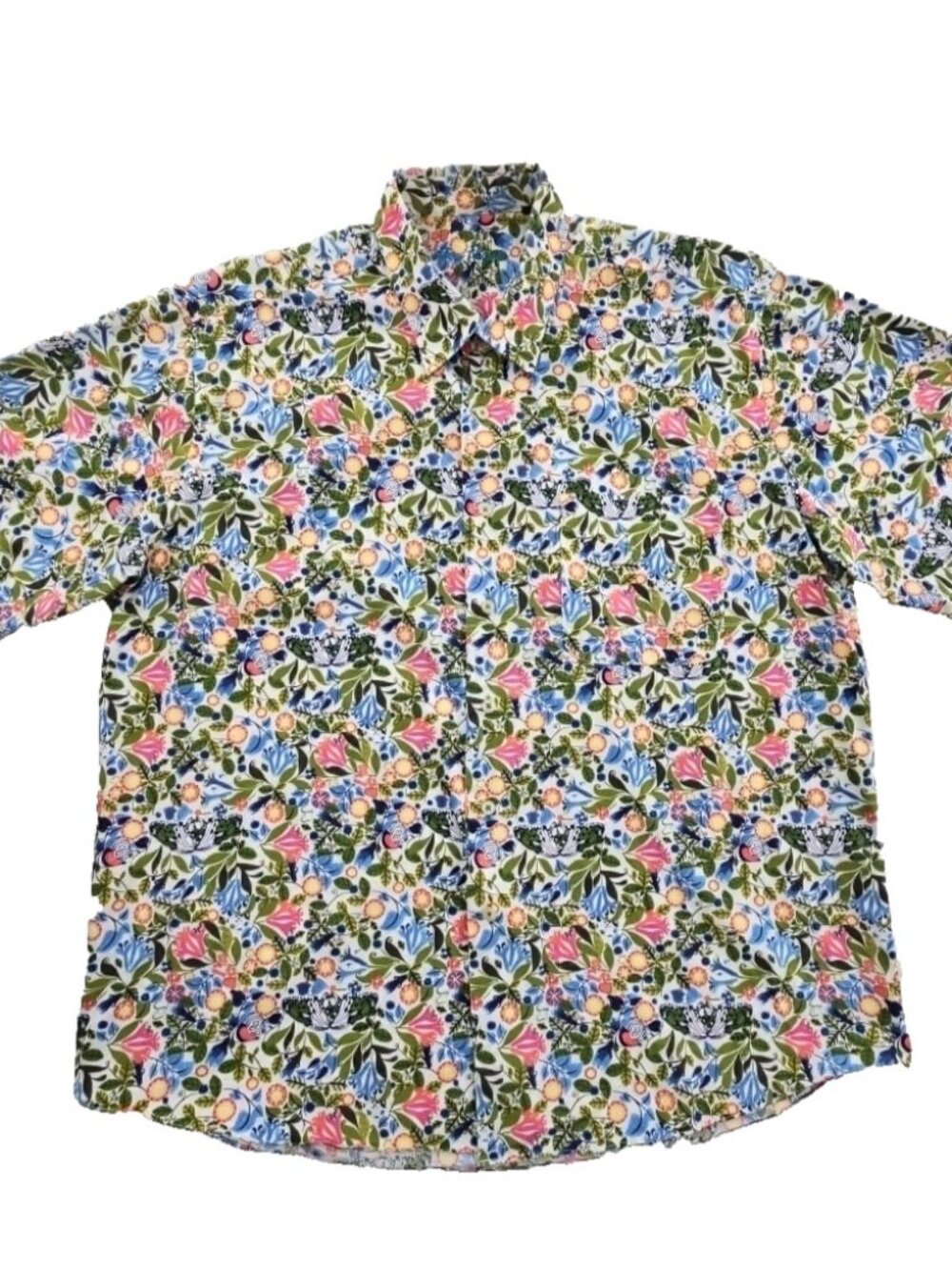 Alan Flusser Short Sleeve Shirt Men's XL Pink Blue Green Floral Butterfly Print